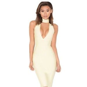 Sleeveless Cream Deep V Choker Bodycon Dress